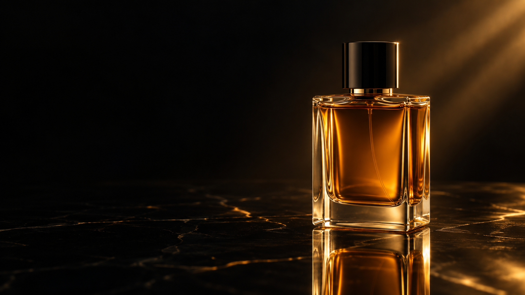 Flacone di profumo ambrato su una superficie scura